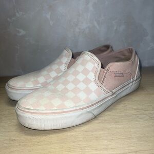 Blush Pink Checkerboard Vans Slip-On Shoes | Women’s US 6 | Classic Skate Style